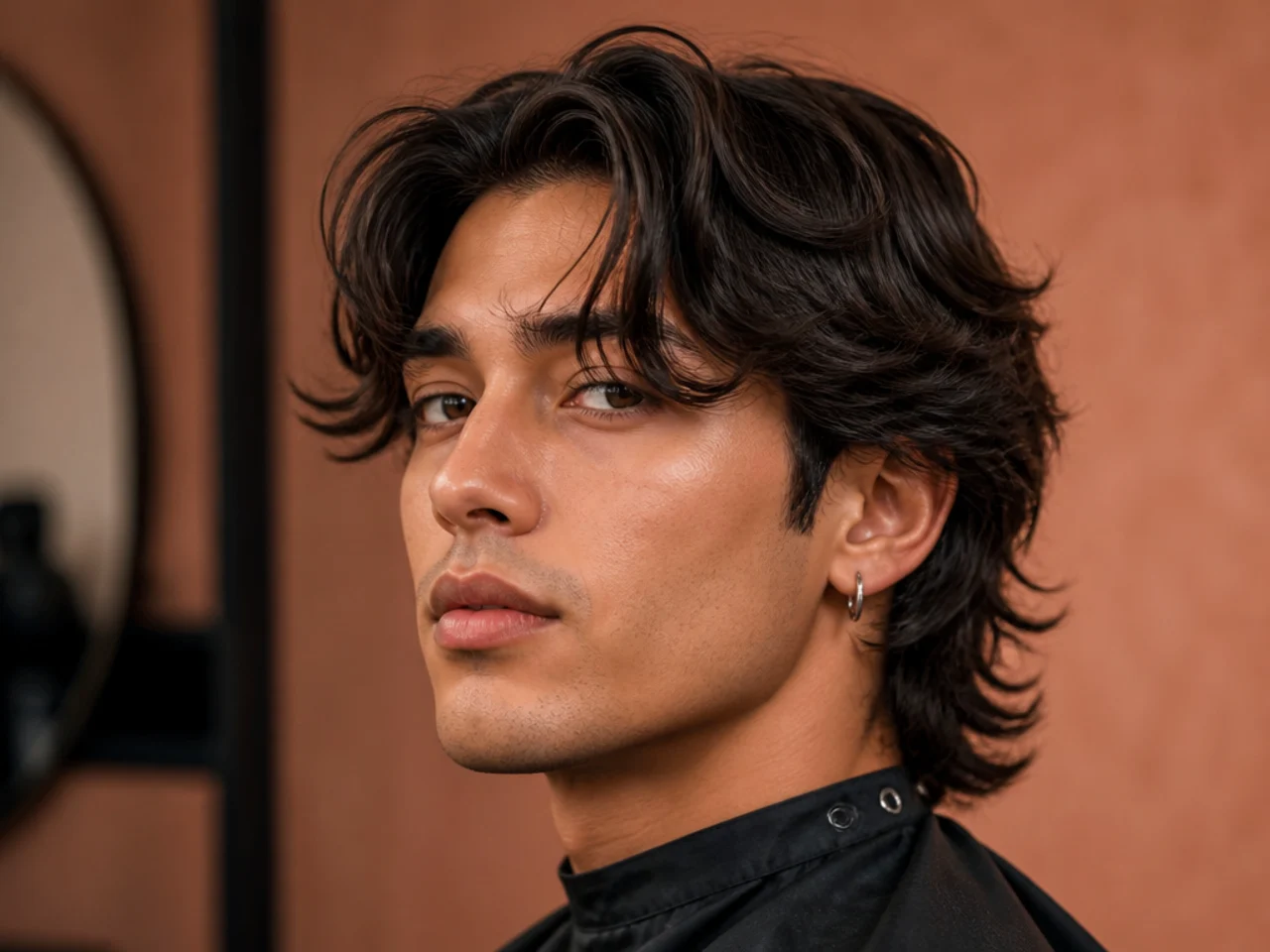 Twin curtain comma mullet with a soft middle part, twin front curls curving inward, and a flowing mullet drape at the nape