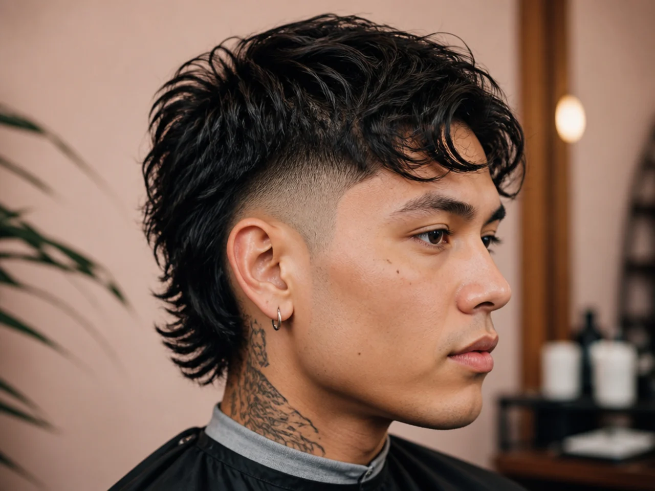 Undercut comma mullet with a hard disconnect line at temple height and a bold mullet drop at the nape