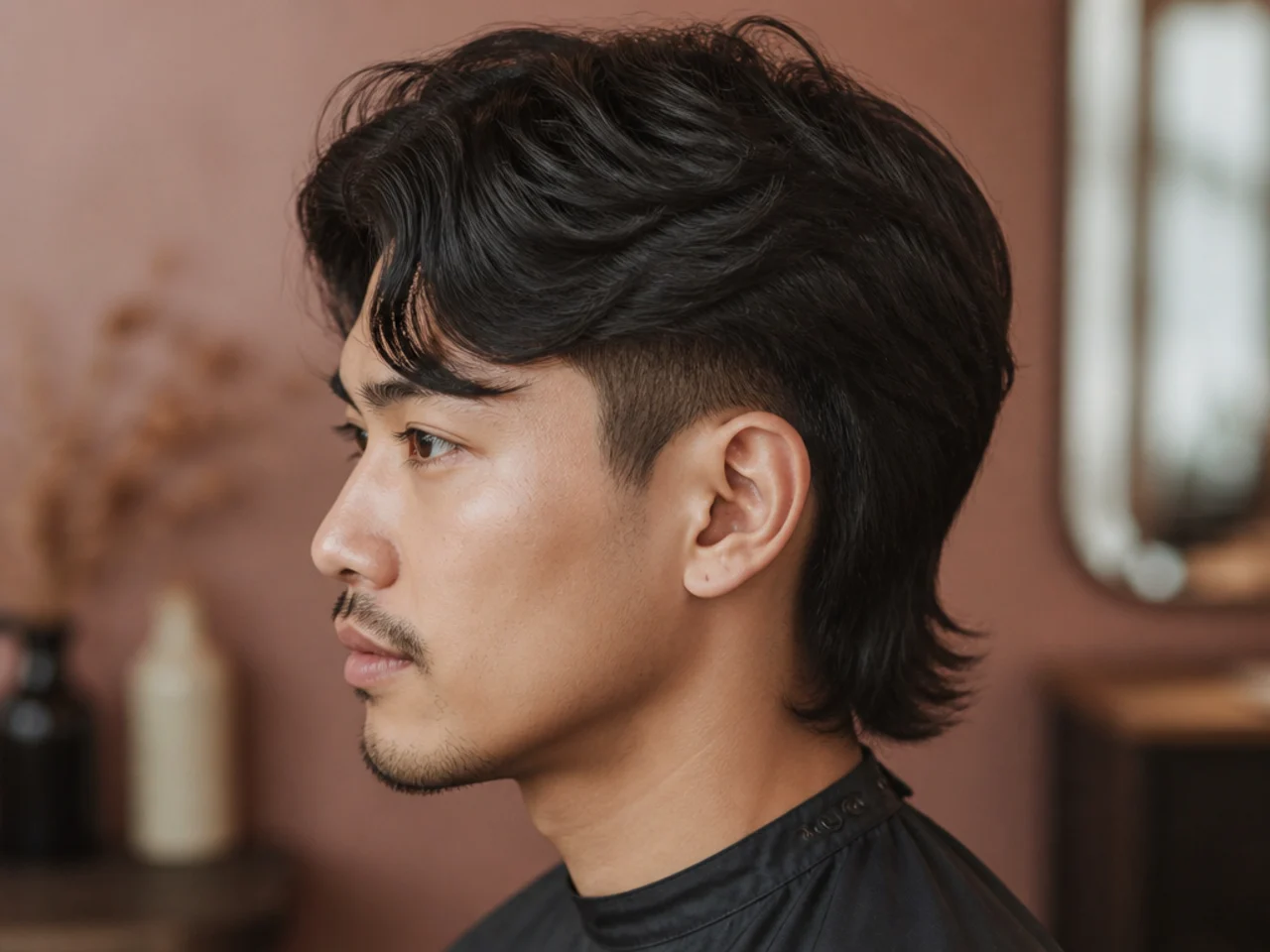 Two-block comma mullet with buzzed sides at a two guard, a hard horseshoe ledge, and a mullet drop at the nape