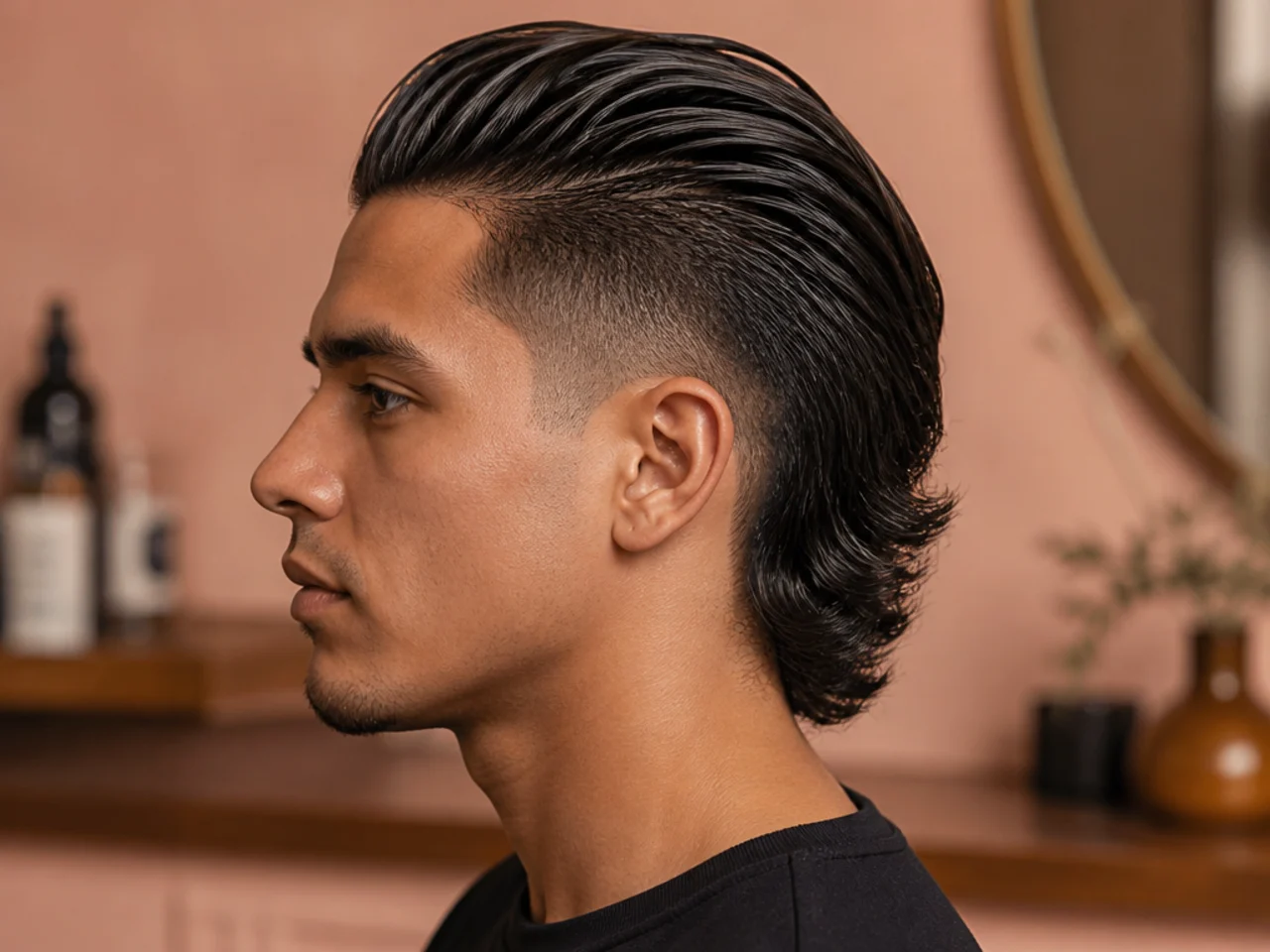 Slick-back comma mullet with a polished swept-back front, one directional comma curl, and a soft mullet at the nape
