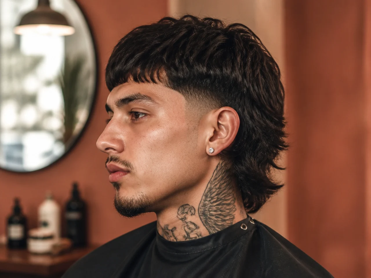 Peso Pluma-inspired comma mullet with heavy layered length, textured front curl, and a mid-length mullet at the nape