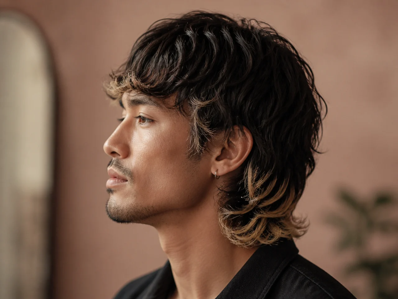 Bleached-tip comma mullet with dark roots blending into bleached ends across the top and mullet, framed by a low fade