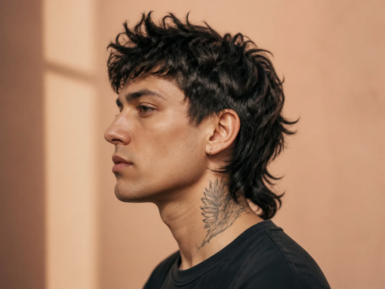 Punk choppy comma mullet with heavily point-cut chunky layers, a defined comma front, and a jagged mullet at the nape