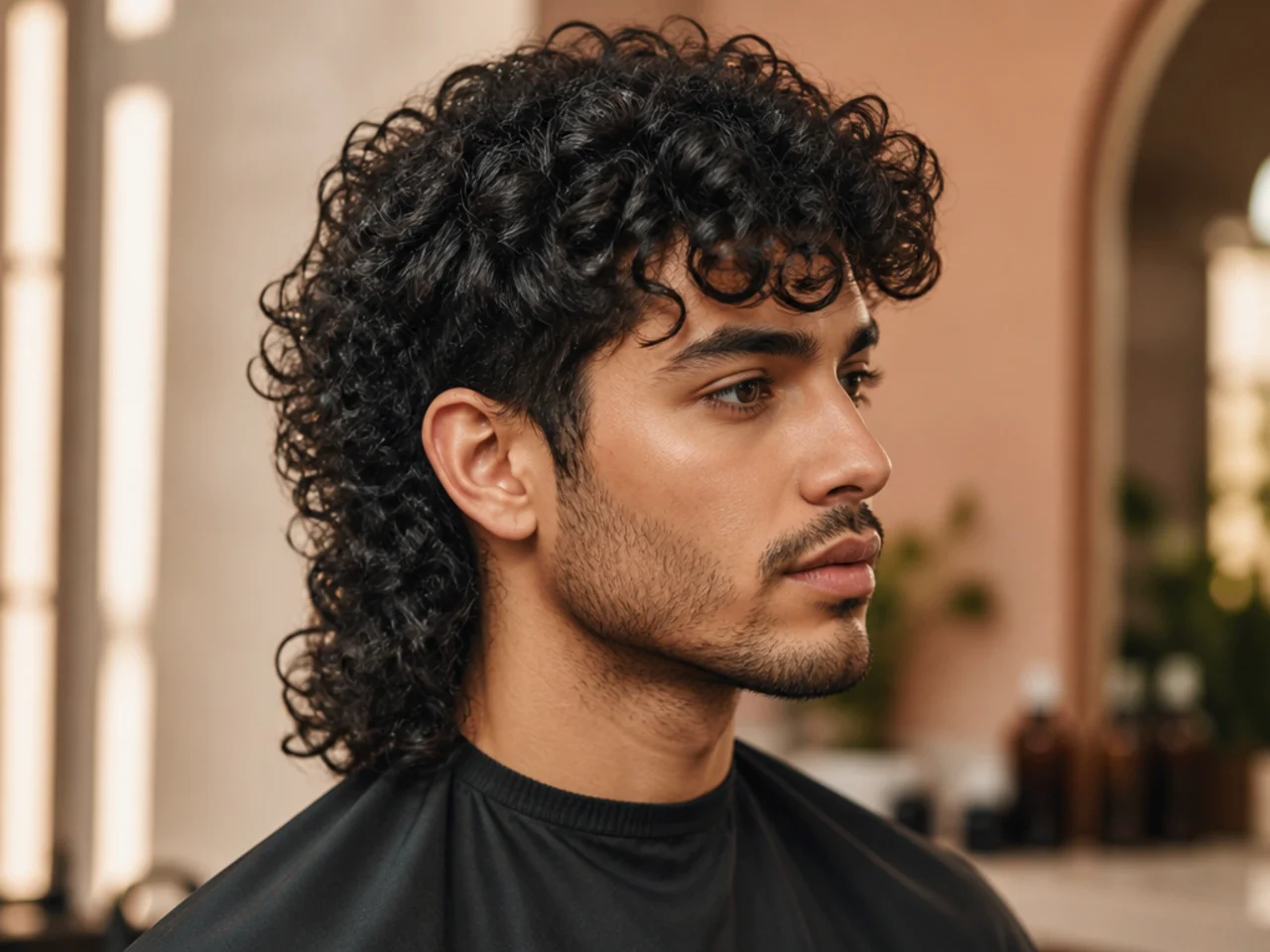 Comma mullet styled on 3B curly dark hair with longer front layers and a natural mullet drape