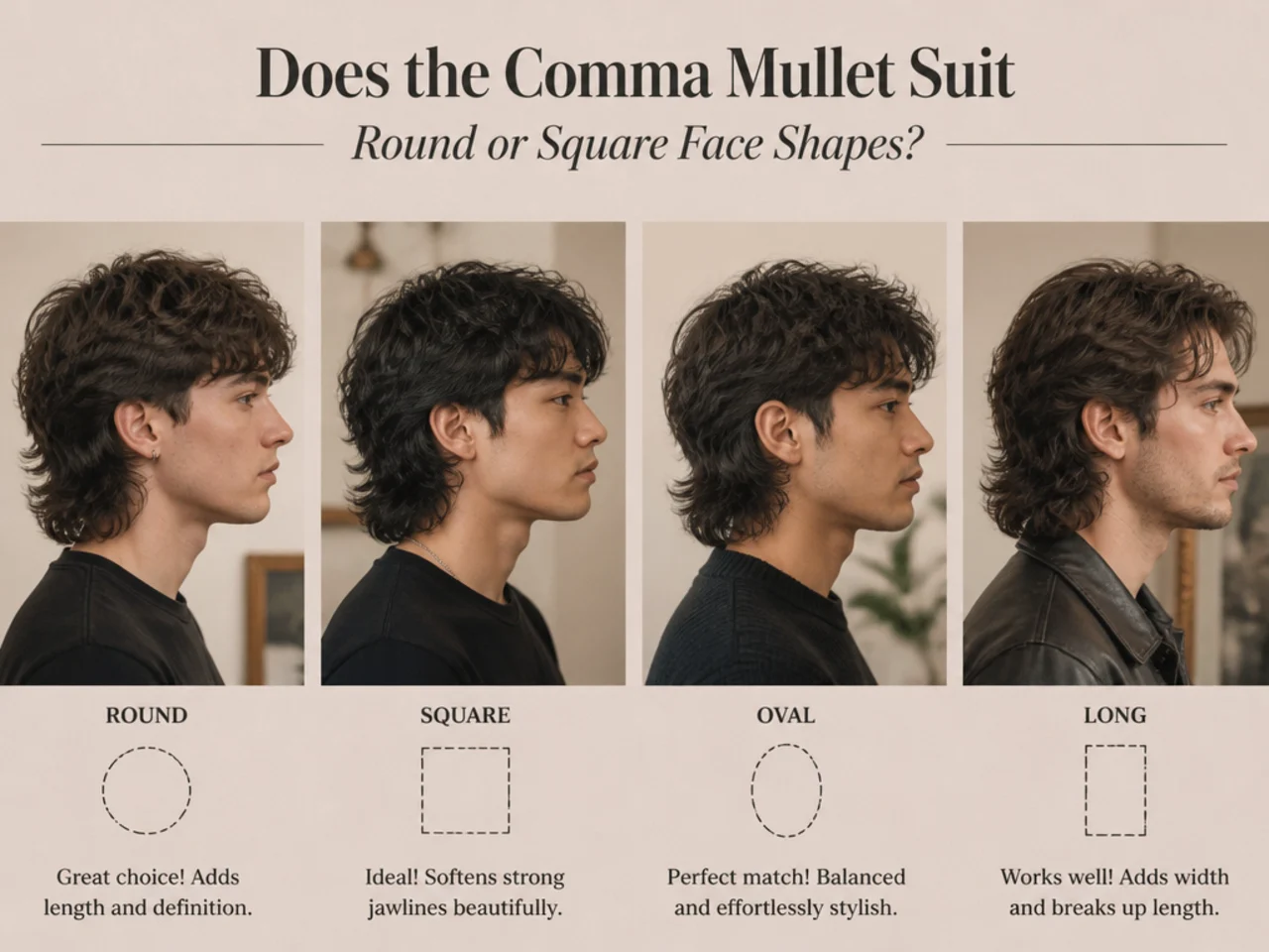 Comma mullet face shape guide showing four different silhouettes for round, square, oval, and long faces