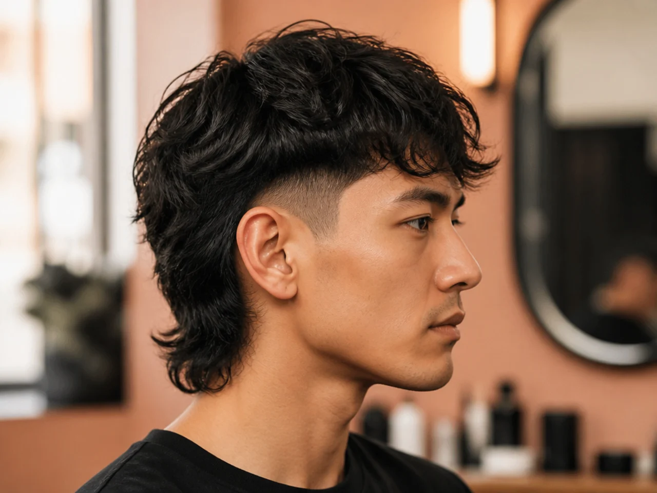 Barber consulting on a comma mullet haircut with a phone reference in hand and a fine comb