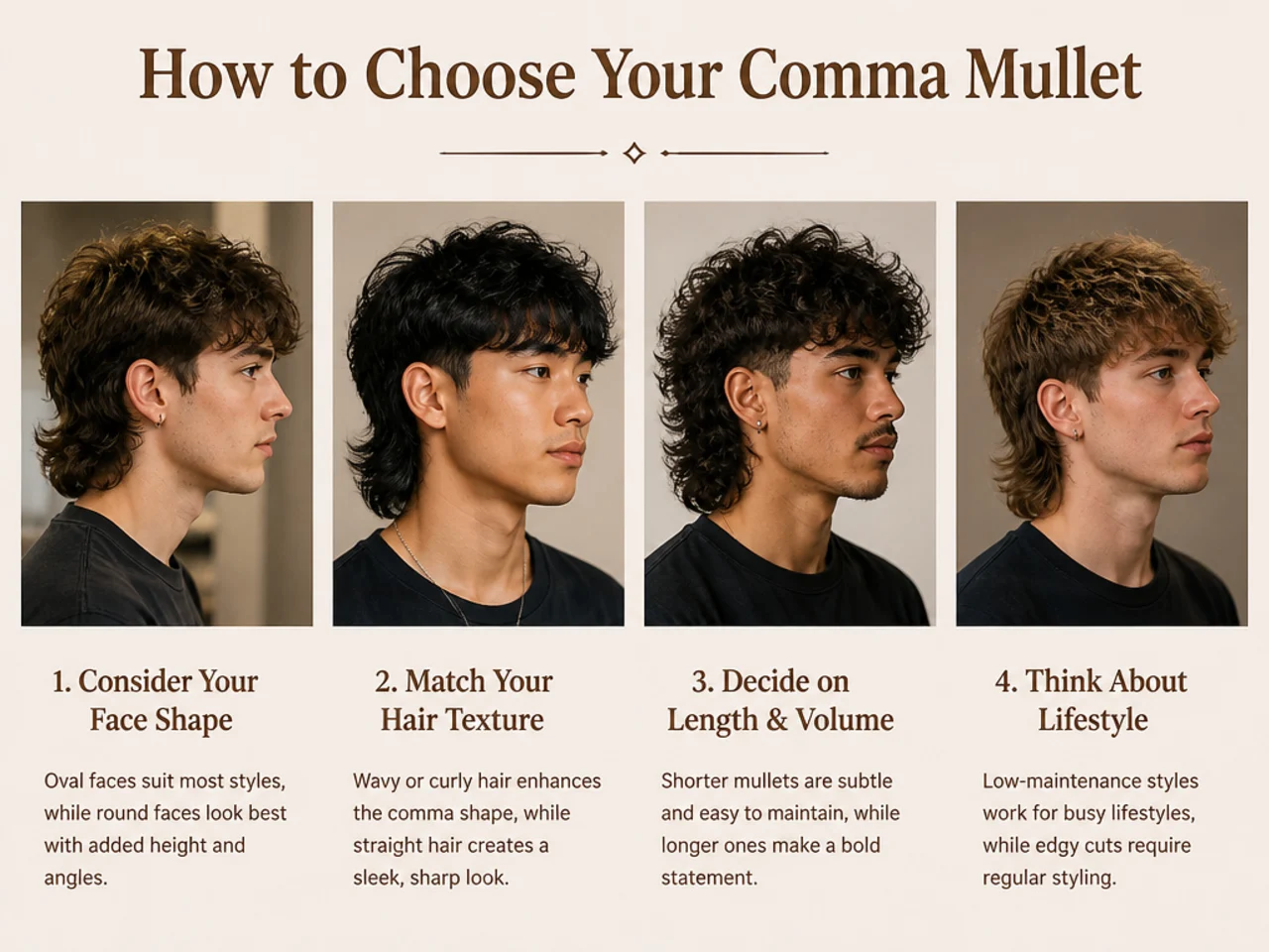 Reference photos of comma mullet haircut variations laid out on a warm blush-cream surface