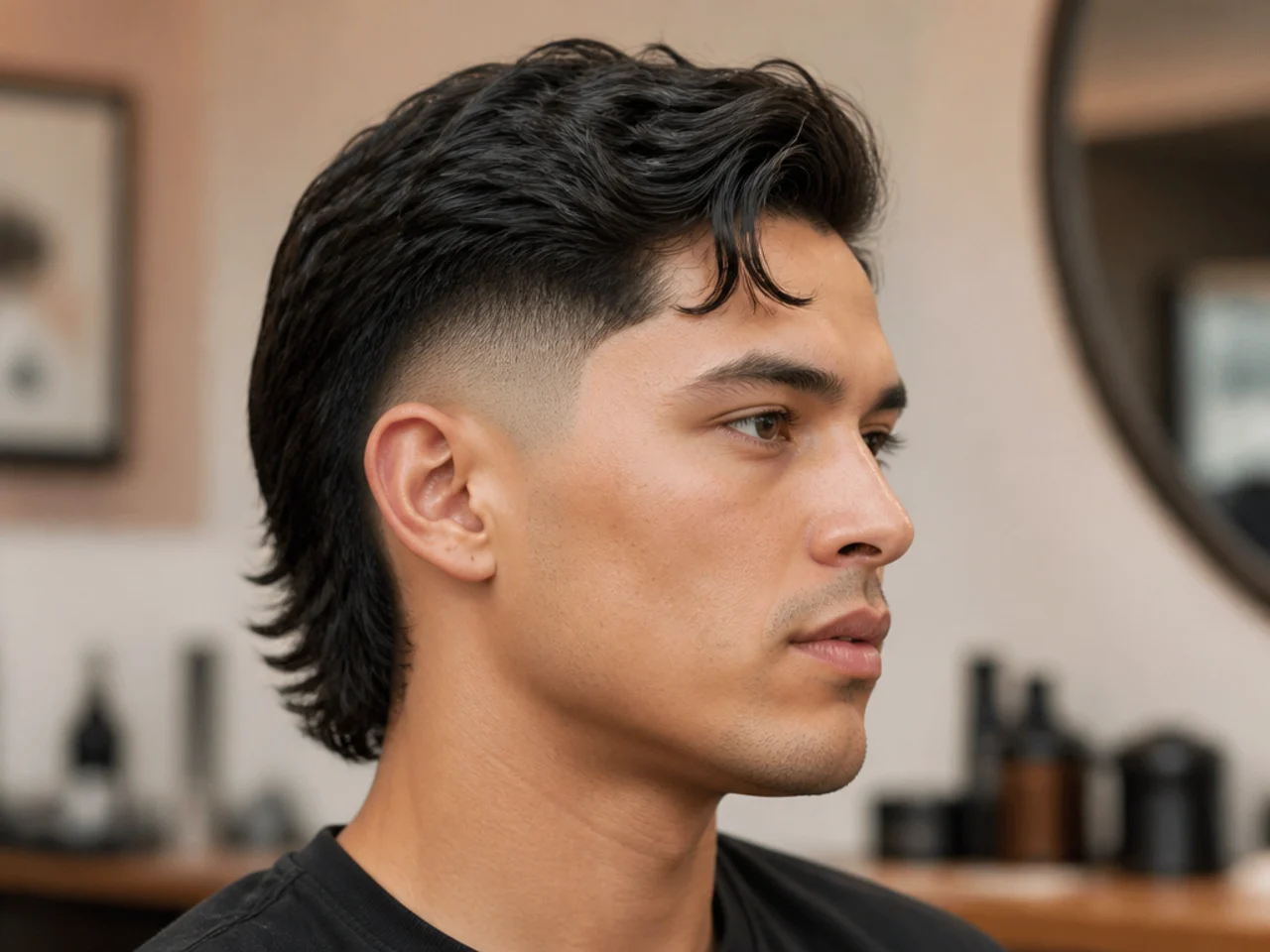Bold comma mullet variation on straight dark hair with a high fade and defined front curl