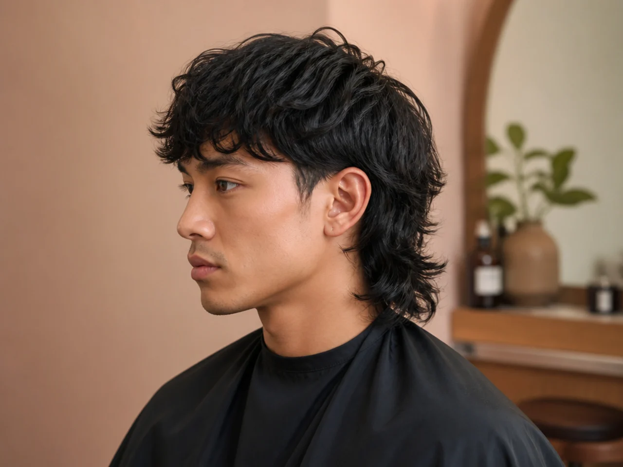 Flat lay of comma mullet haircut styling essentials — round brush, curl cream, sea-salt spray, matte clay, setting mist
