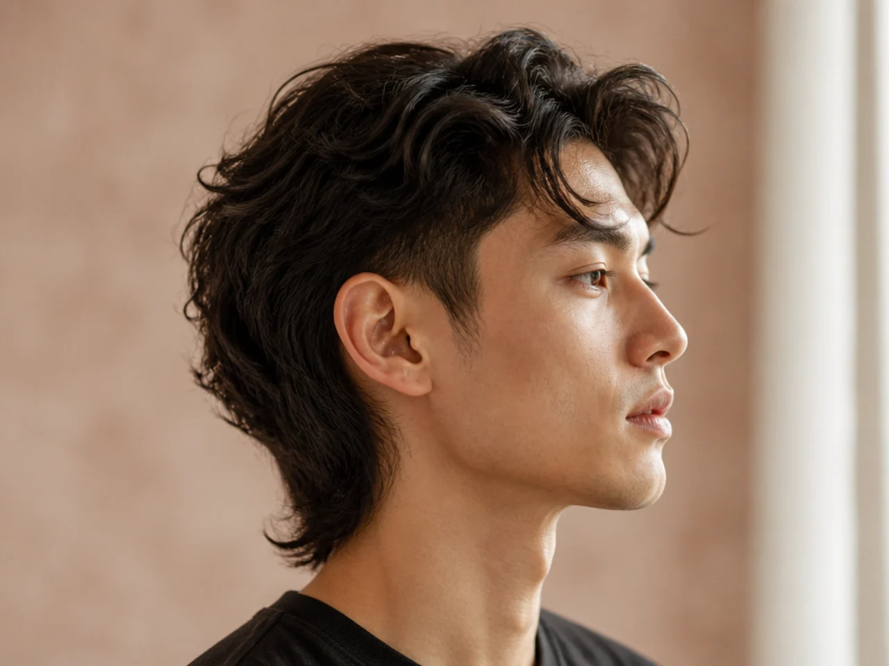 Comma mullet haircut — glossy defined front comma curl with a soft mullet drop at the nape on straight dark hair