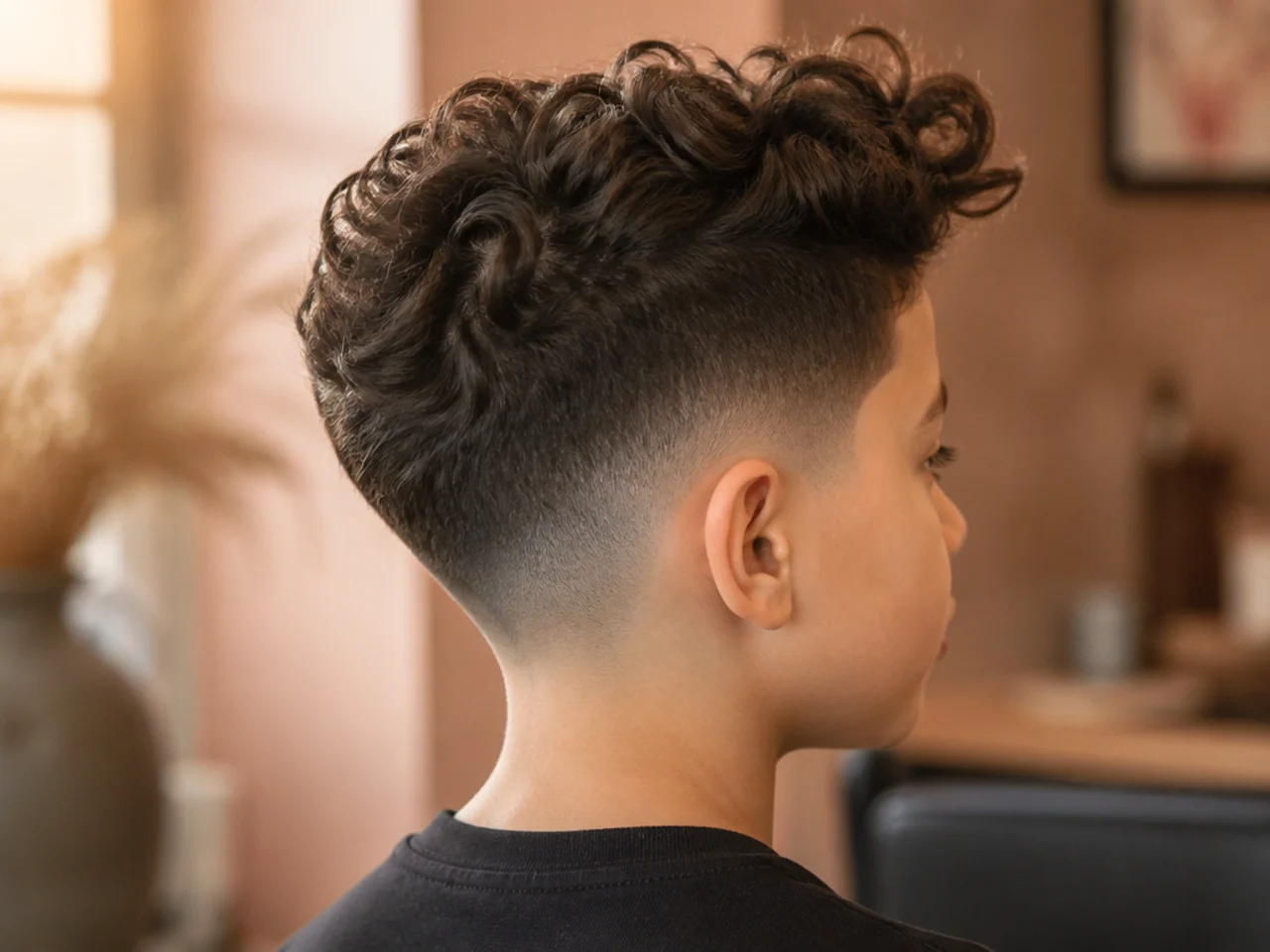 A boy with a curly fringe pushed up off his forehead