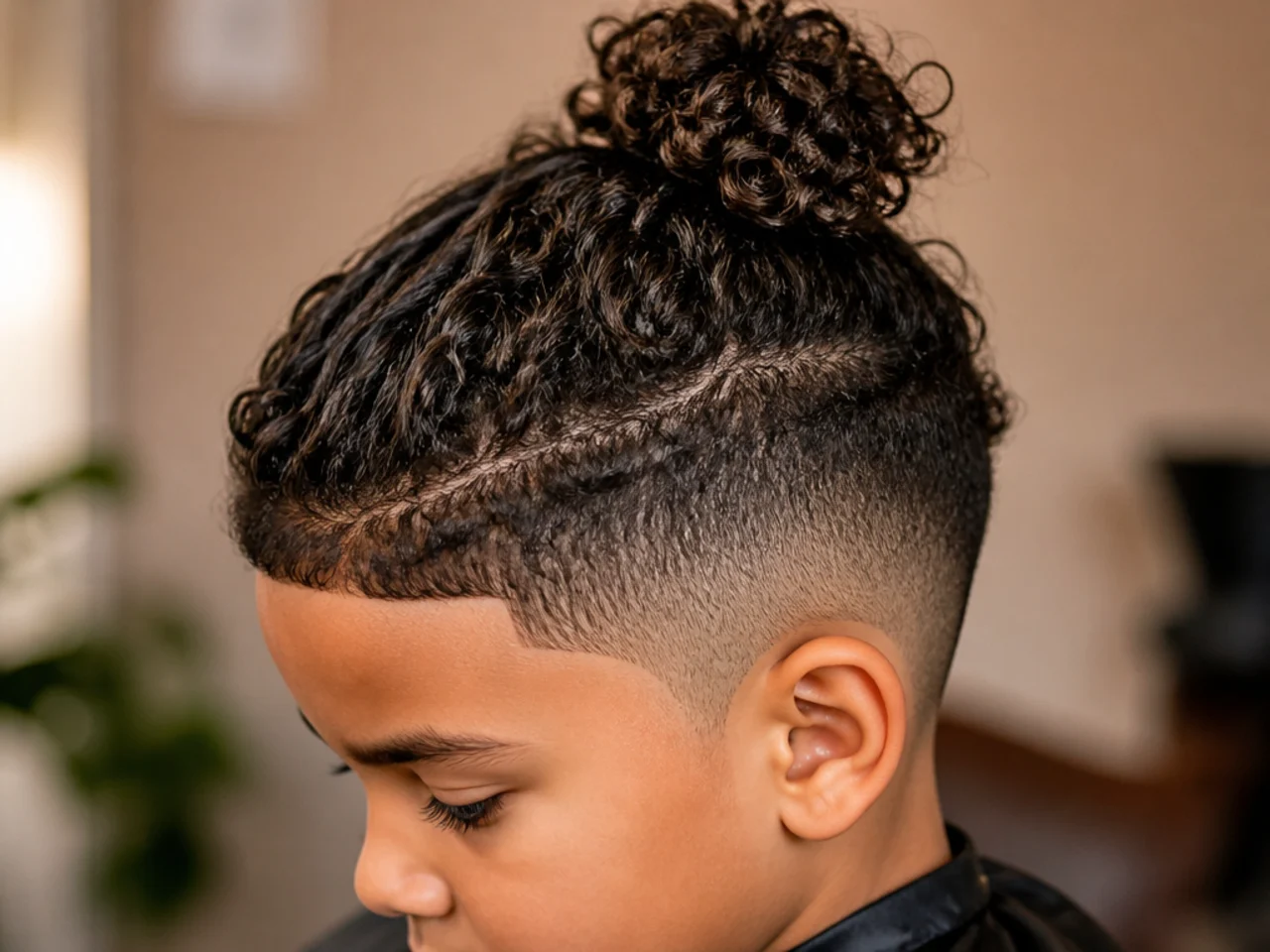 A boy with curly hair tied in a top knot