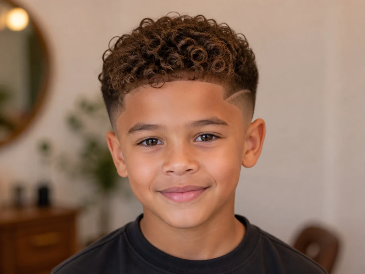 A boy with curly hair over a burst fade
