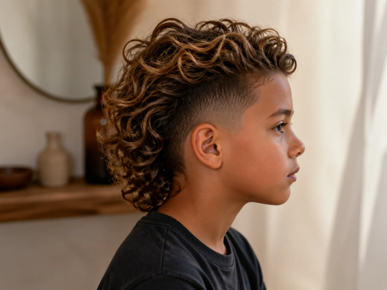 A boy with long curly surfer hair