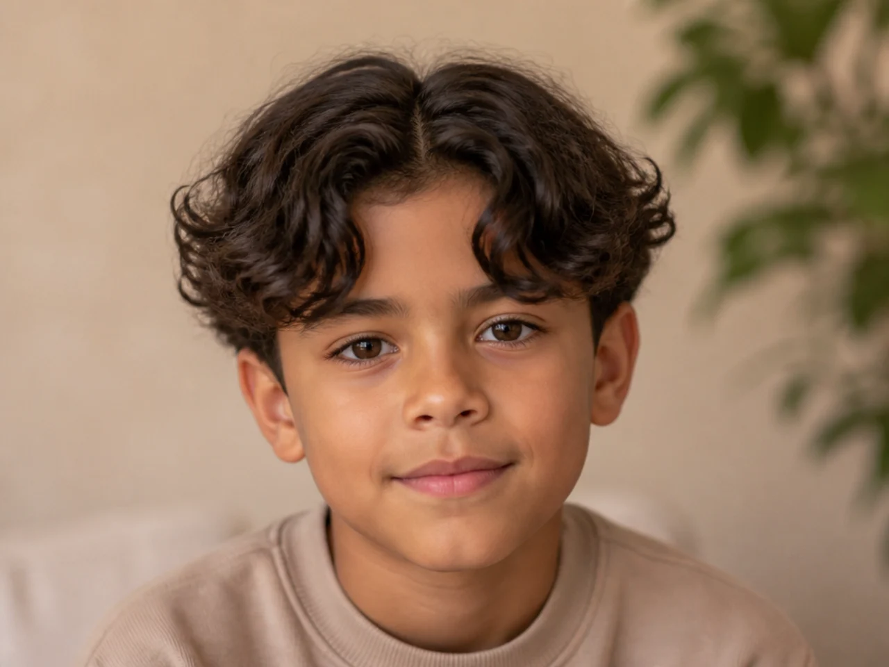 A boy with curly middle-part curtains