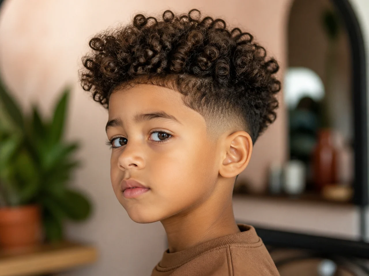 A boy with a curly blowout and tapered sides