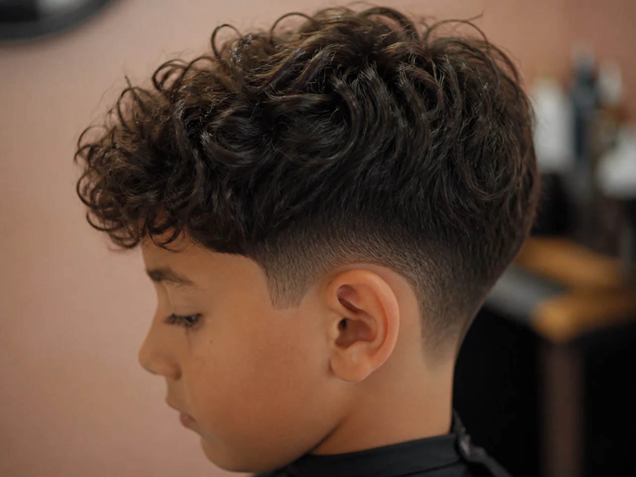 A boy with a two block cut on curly hair