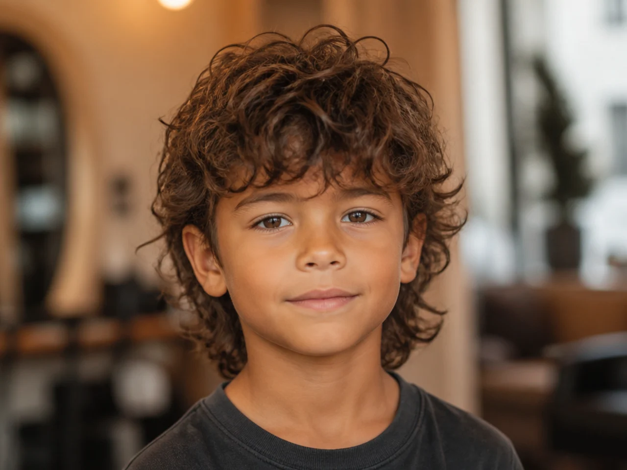A boy with a curly wolf cut