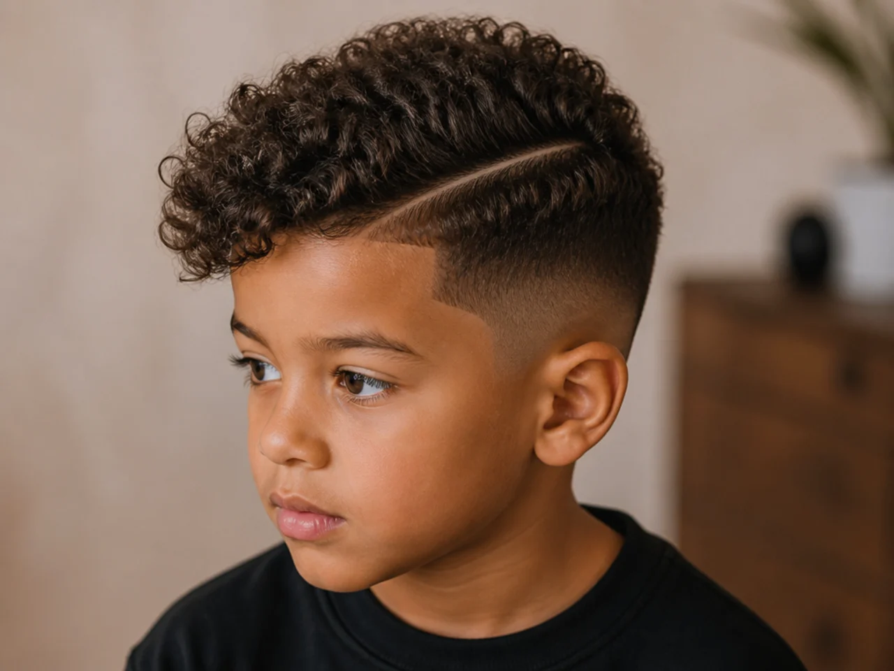 A boy with a hard part in curly hair