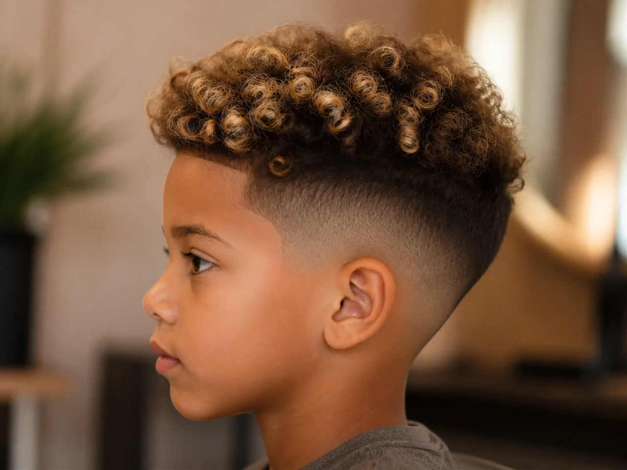 A boy with bleached tips on curly hair