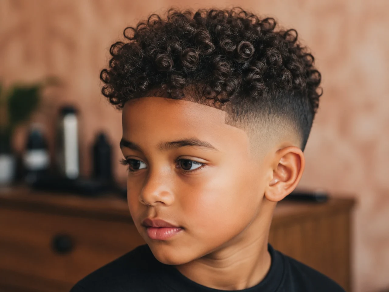 Three-quarter view of a boy with a trending curly haircut