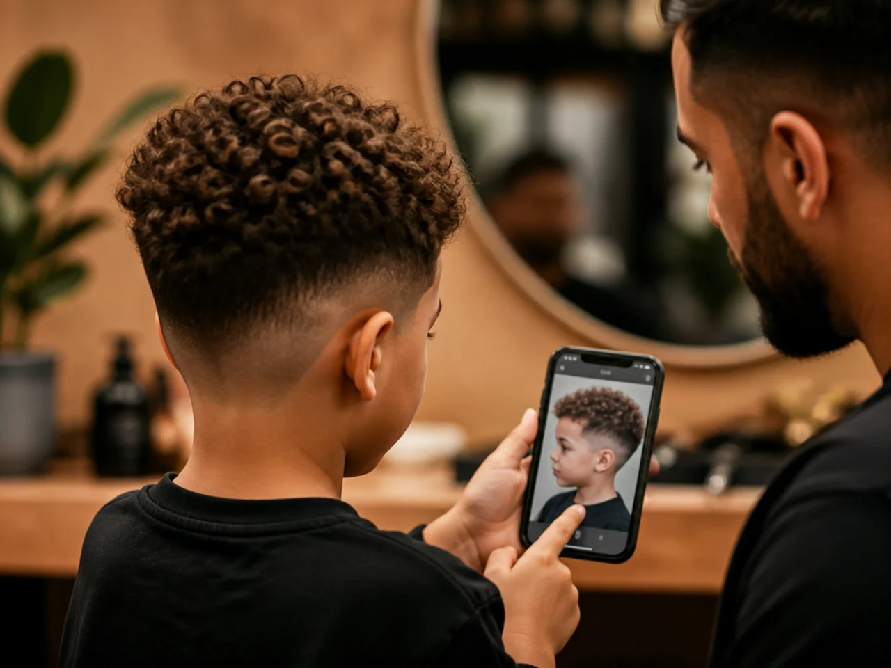 A boy showing a reference photo to a barber