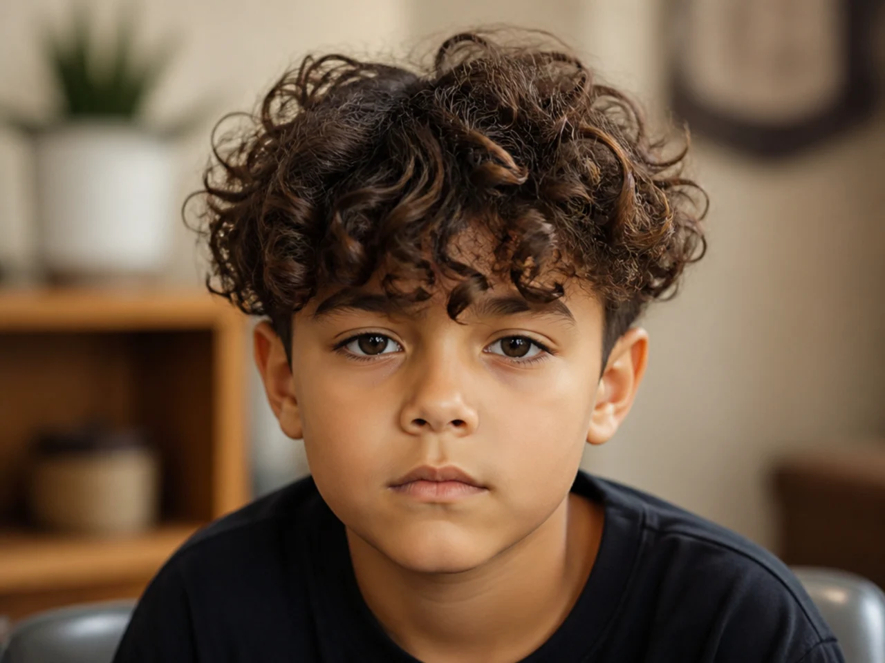 A grown-out trending curly haircut on a boy