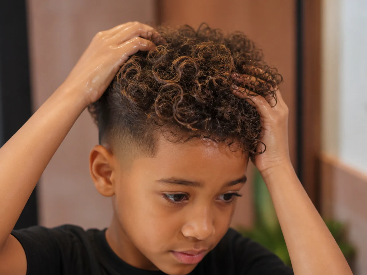 A boy scrunching product into his own curls