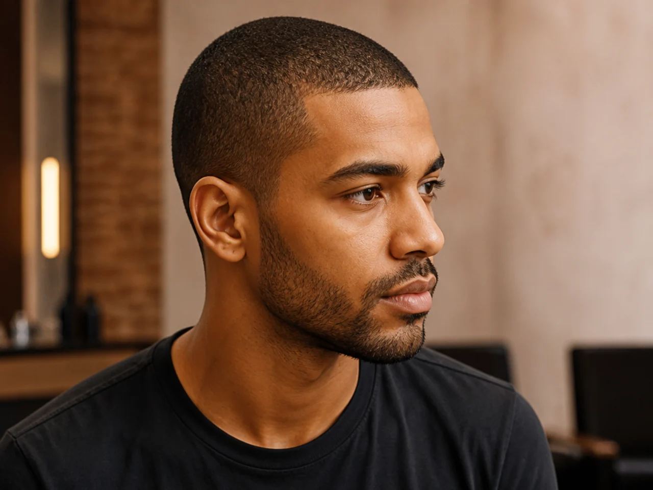 Modern buzz cut at a #3 guard with a low taper fade on the sides and clean neckline