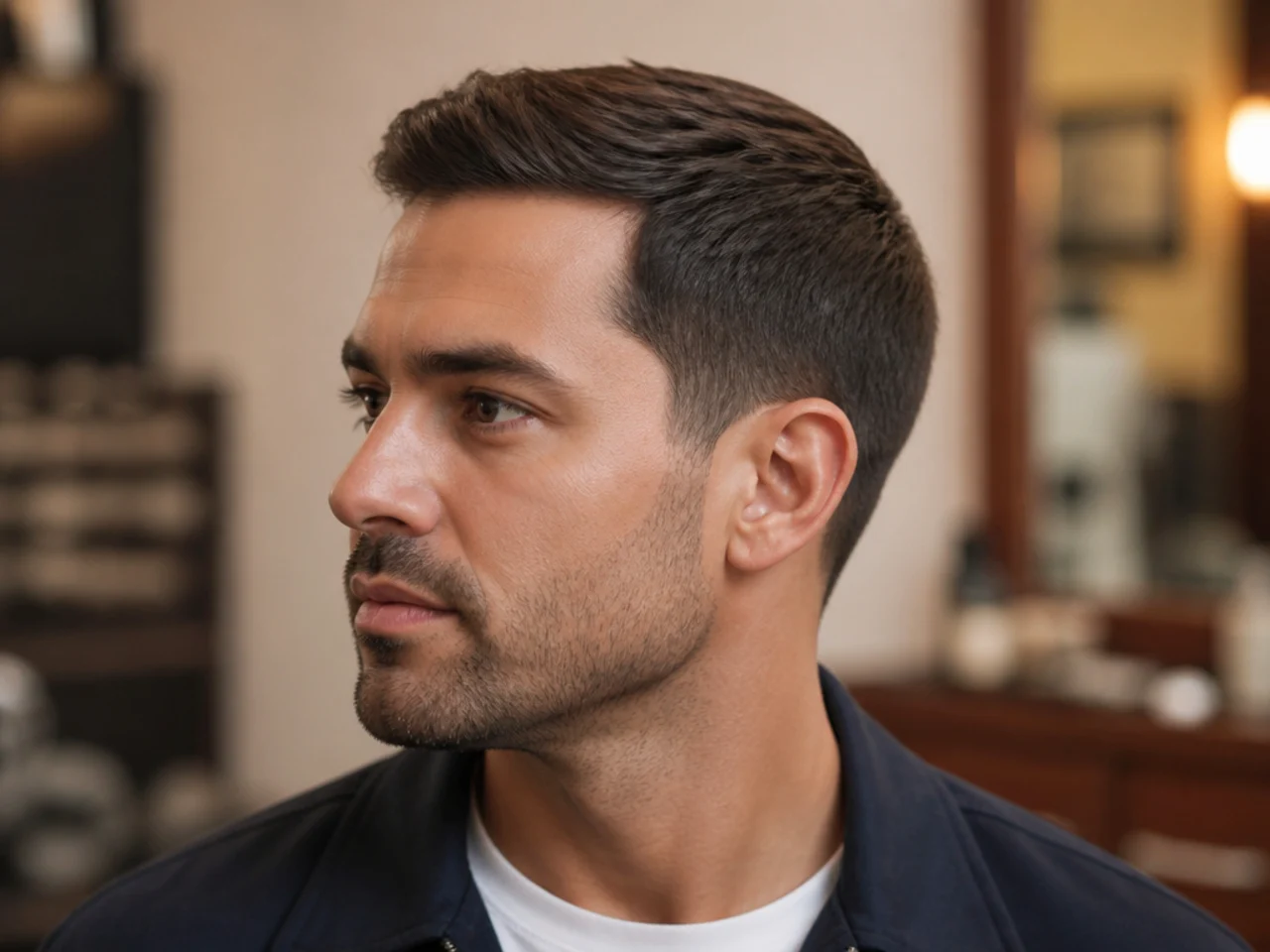 Classic Ivy League haircut with side part and low taper on the sides on straight brown hair