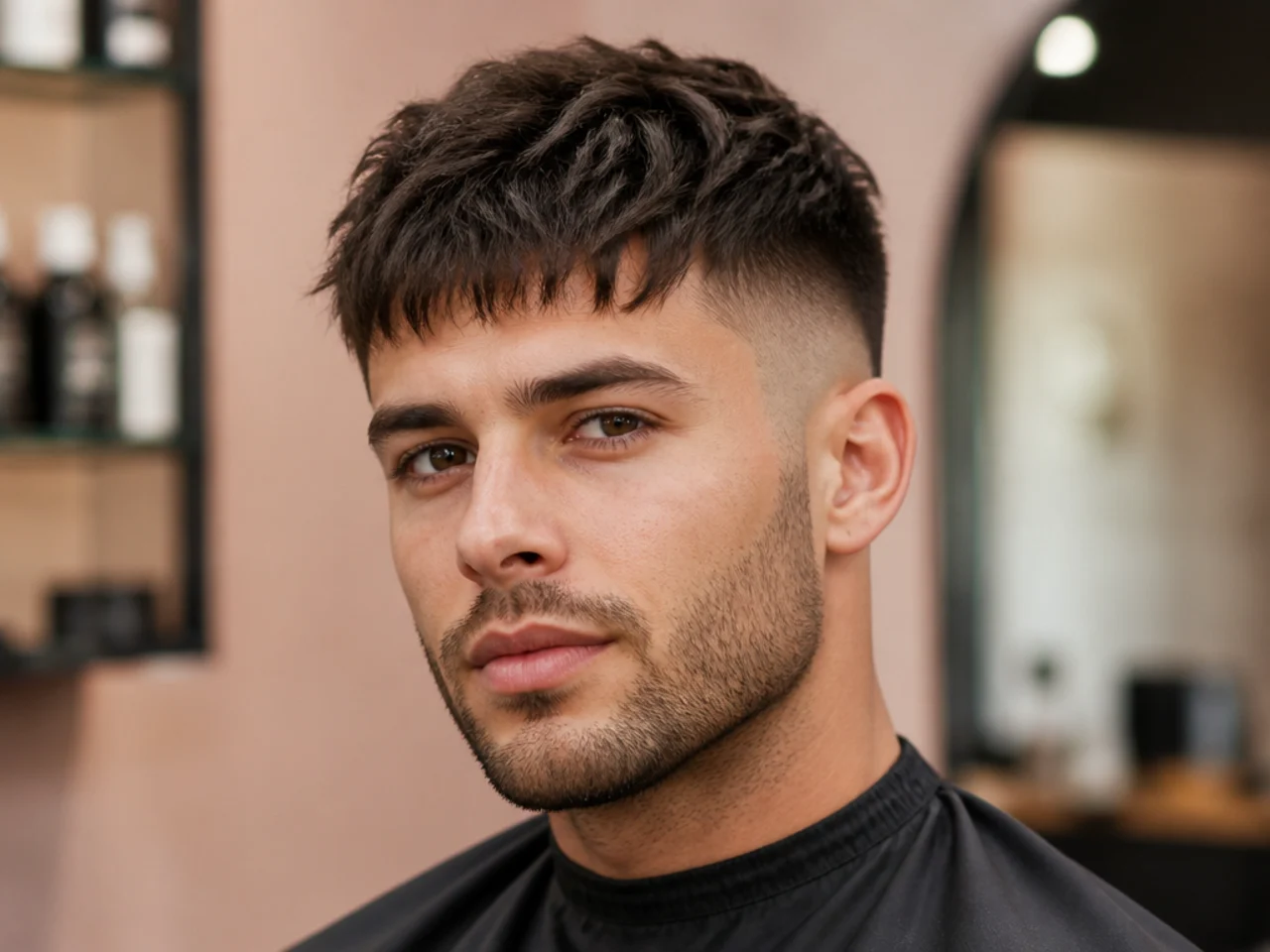 Textured fringe haircut with a mid fade on the sides and a soft forward drop on the front