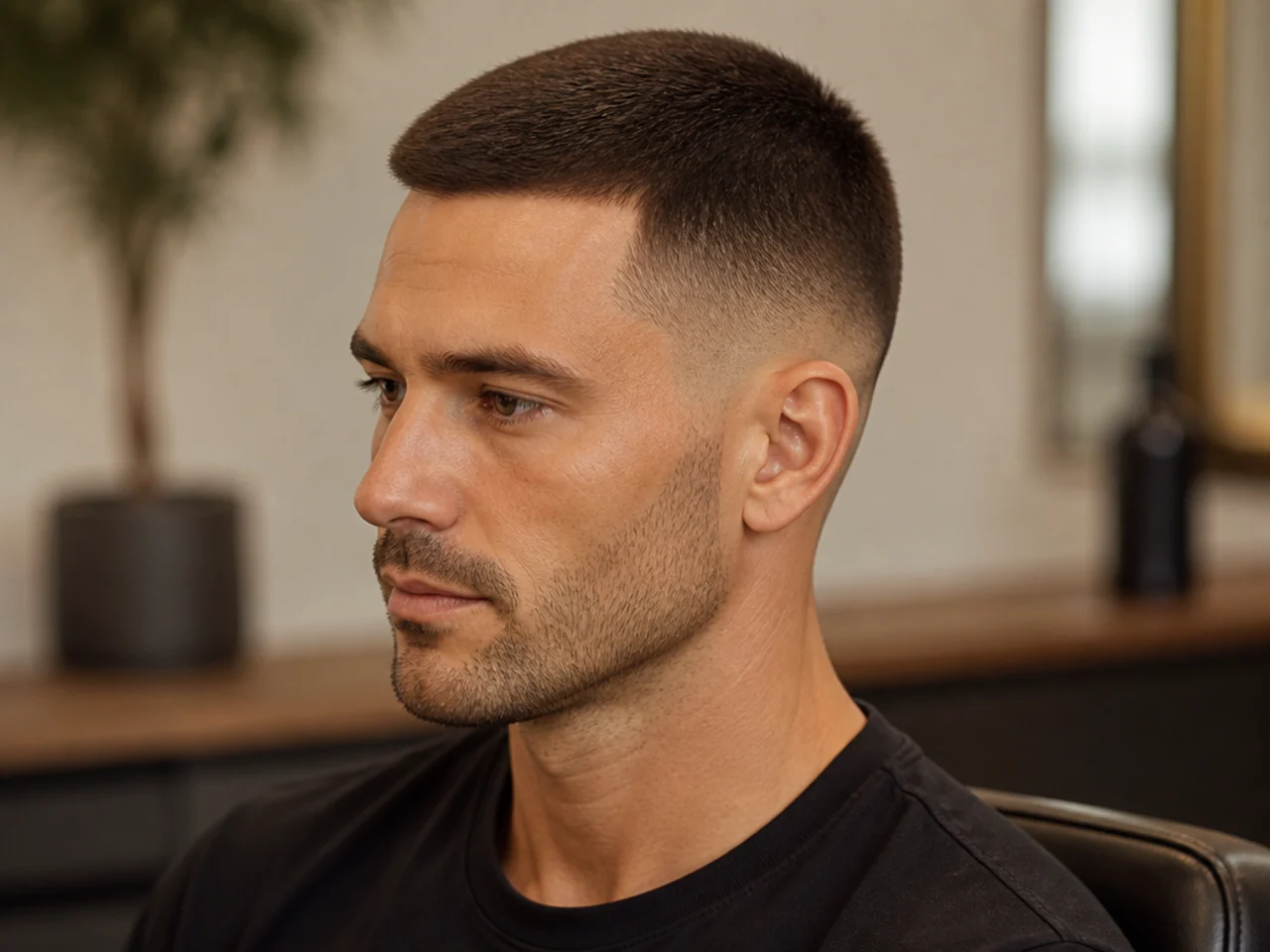 Modern crew cut on thick straight hair with soft top texture and a low taper on the sides