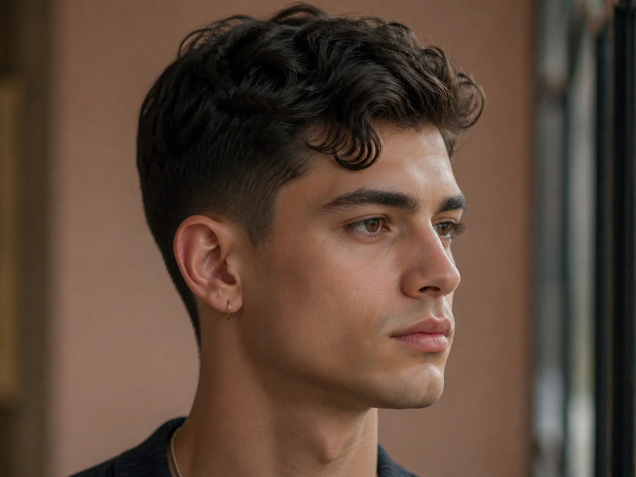 Short comma haircut with a curved fringe hooking toward the temple on straight dark hair