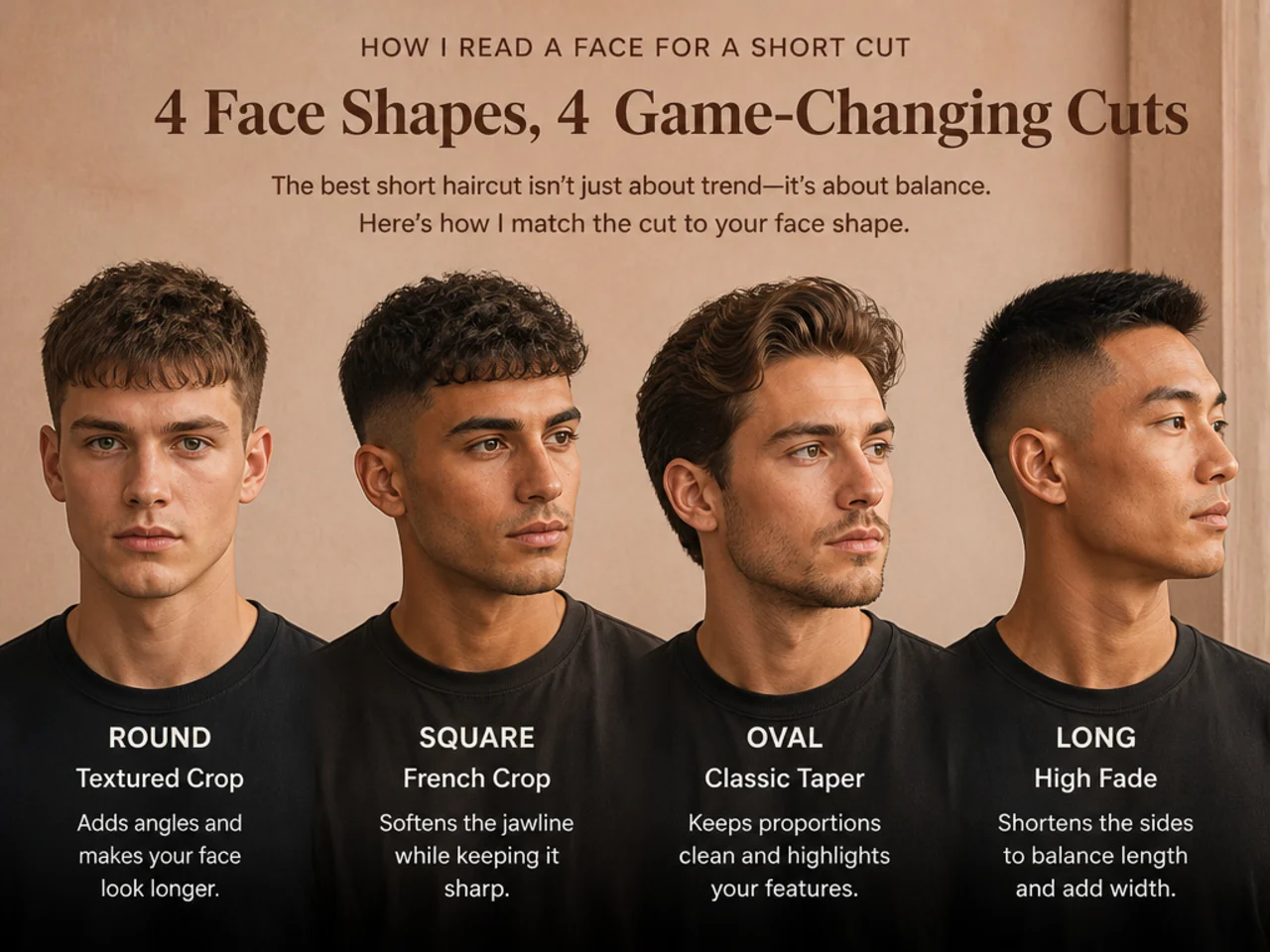 Barber holding two reference photos next to a client's face during a short-cut consultation