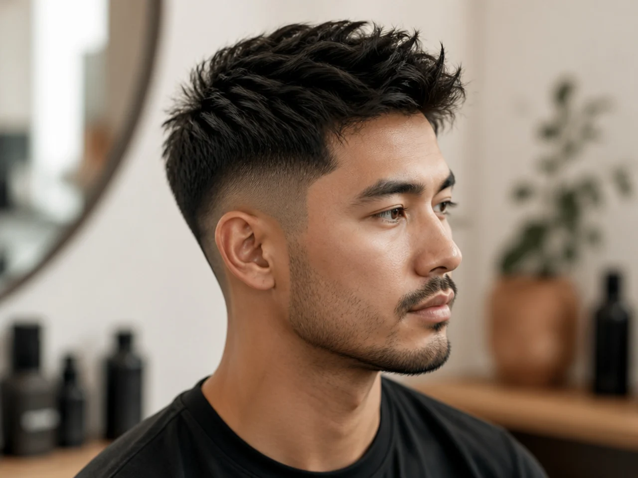 Bathroom counter with a matte clay, a sea-salt spray, a wide-tooth comb, and a hair dryer