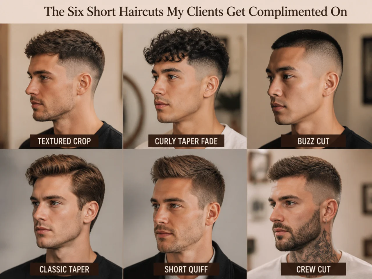 Grid of six short mens haircut references — crop, buzz, Ivy League, fringe, crew, comma