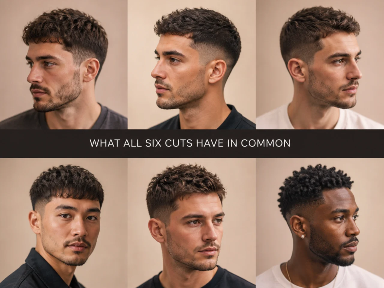 Side-by-side reference of six short mens haircuts showing tapers, fades, and clean outlines