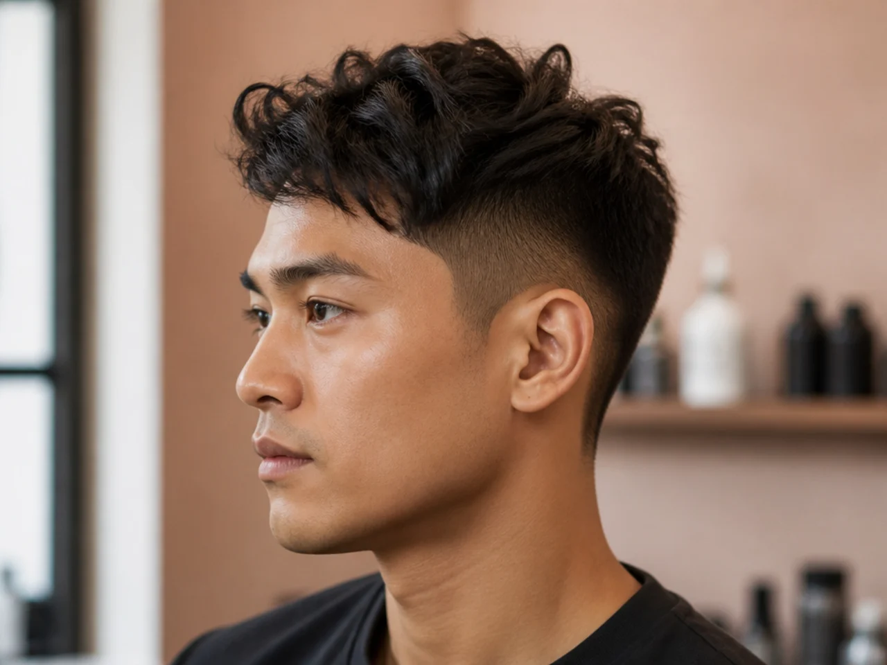 Client in a barber chair reviewing reference photos on his phone during a consultation