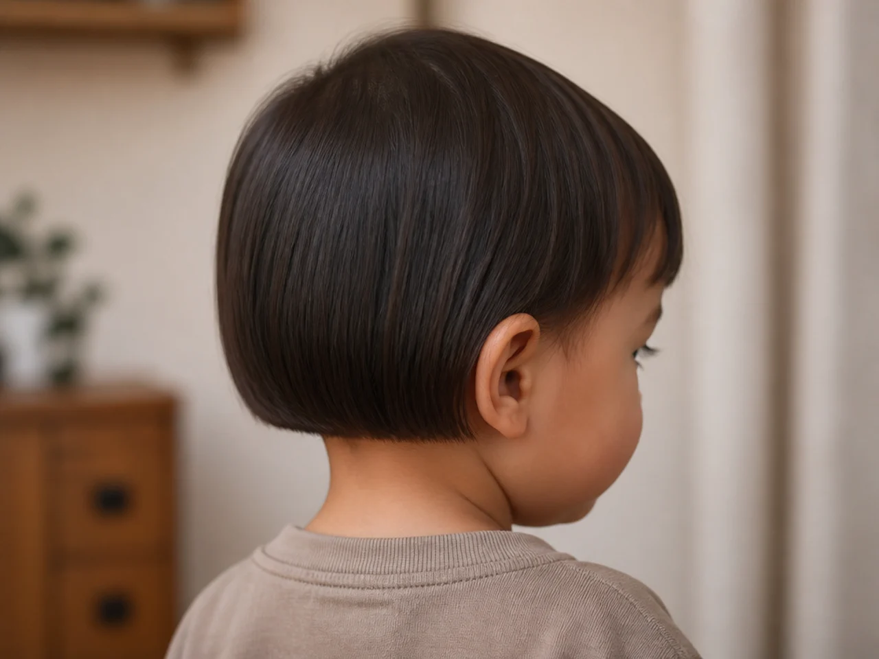 A toddler with hair cut to a blunt line at the earlobe