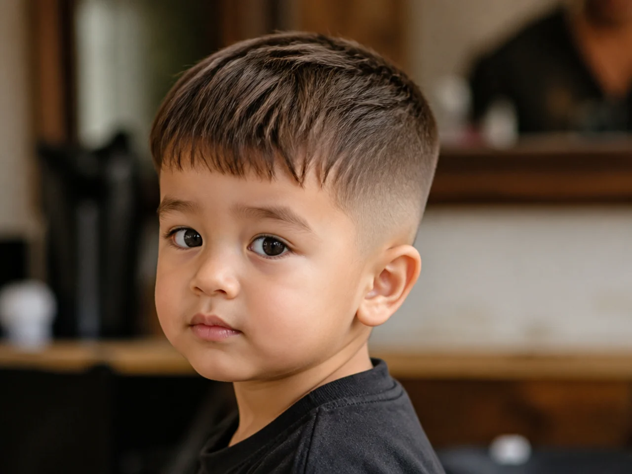 A toddler with a number four buzz and a fringe left longer
