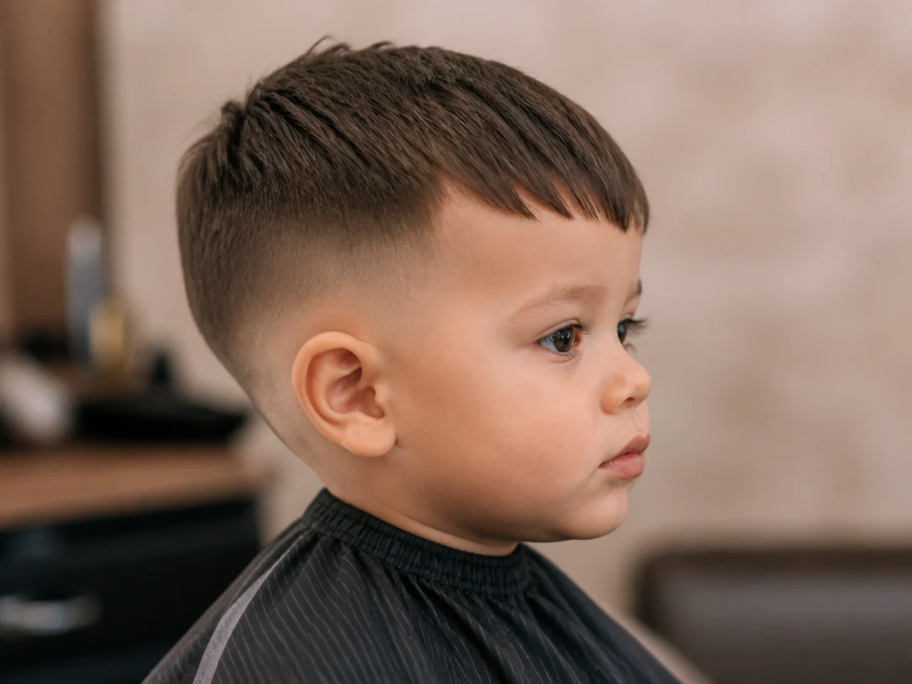 A toddler with a fringe cut on a slight diagonal
