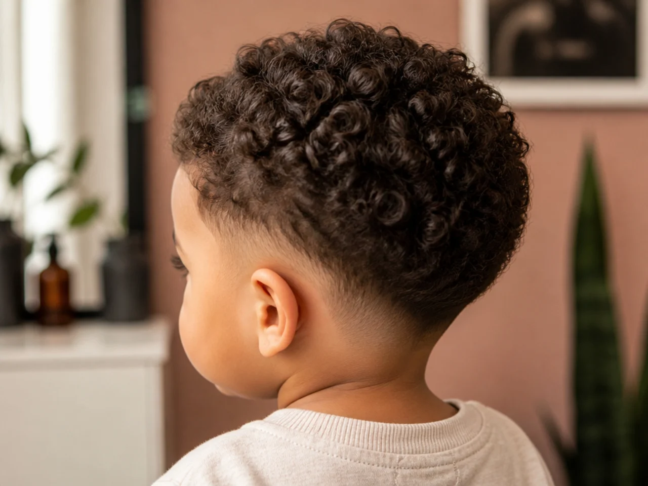 A toddler with curly hair cut into a round shape