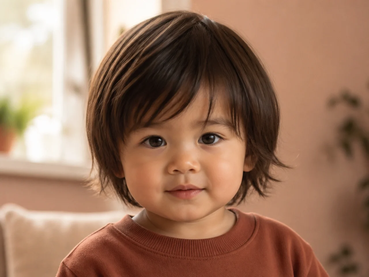 A toddler with longer hair cut all one weight