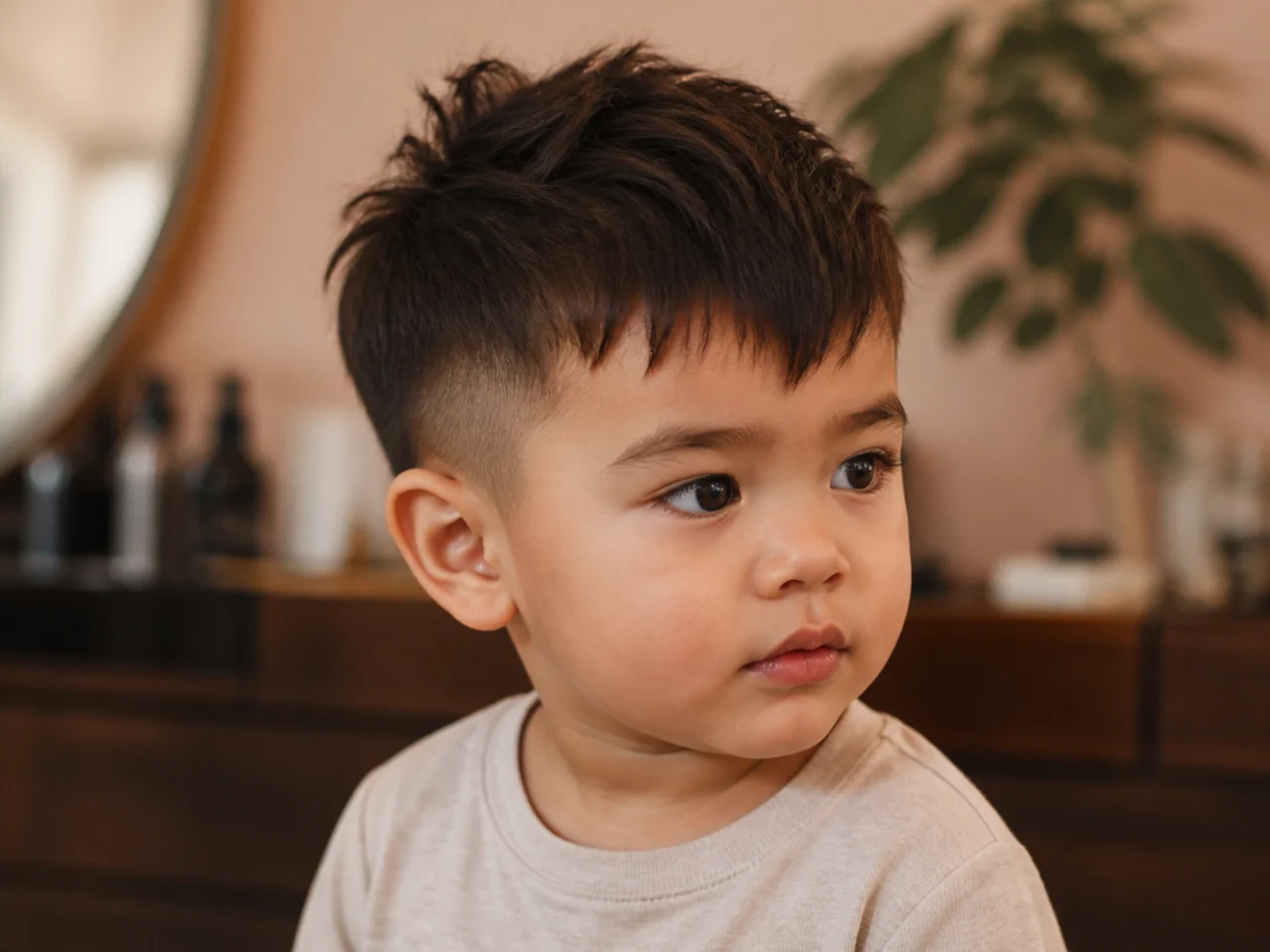 A toddler with a point-cut choppy fringe