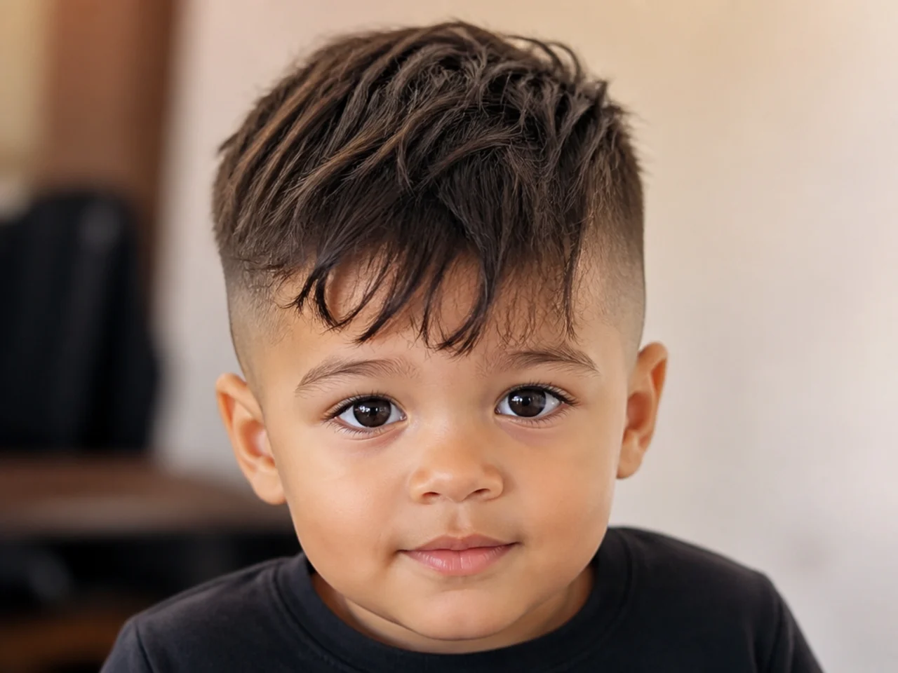 A toddler with a short crop and a long fringe