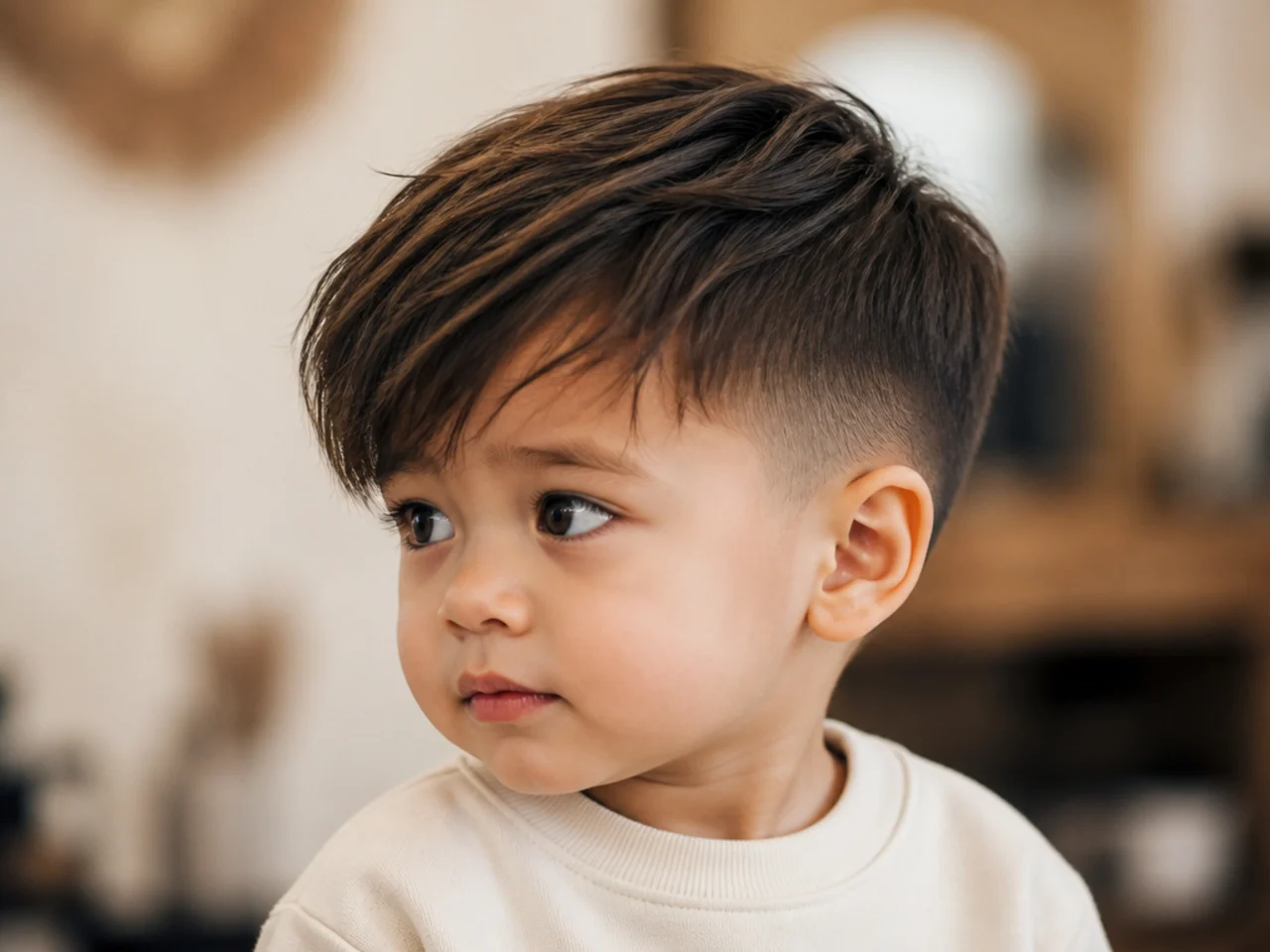 A toddler with a long top falling forward over the forehead