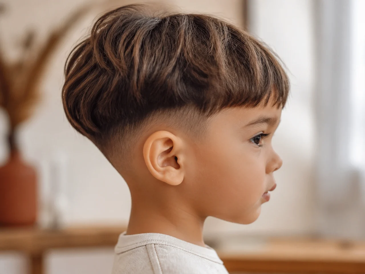 A toddler with a grown-out bowl cut and a soft edge