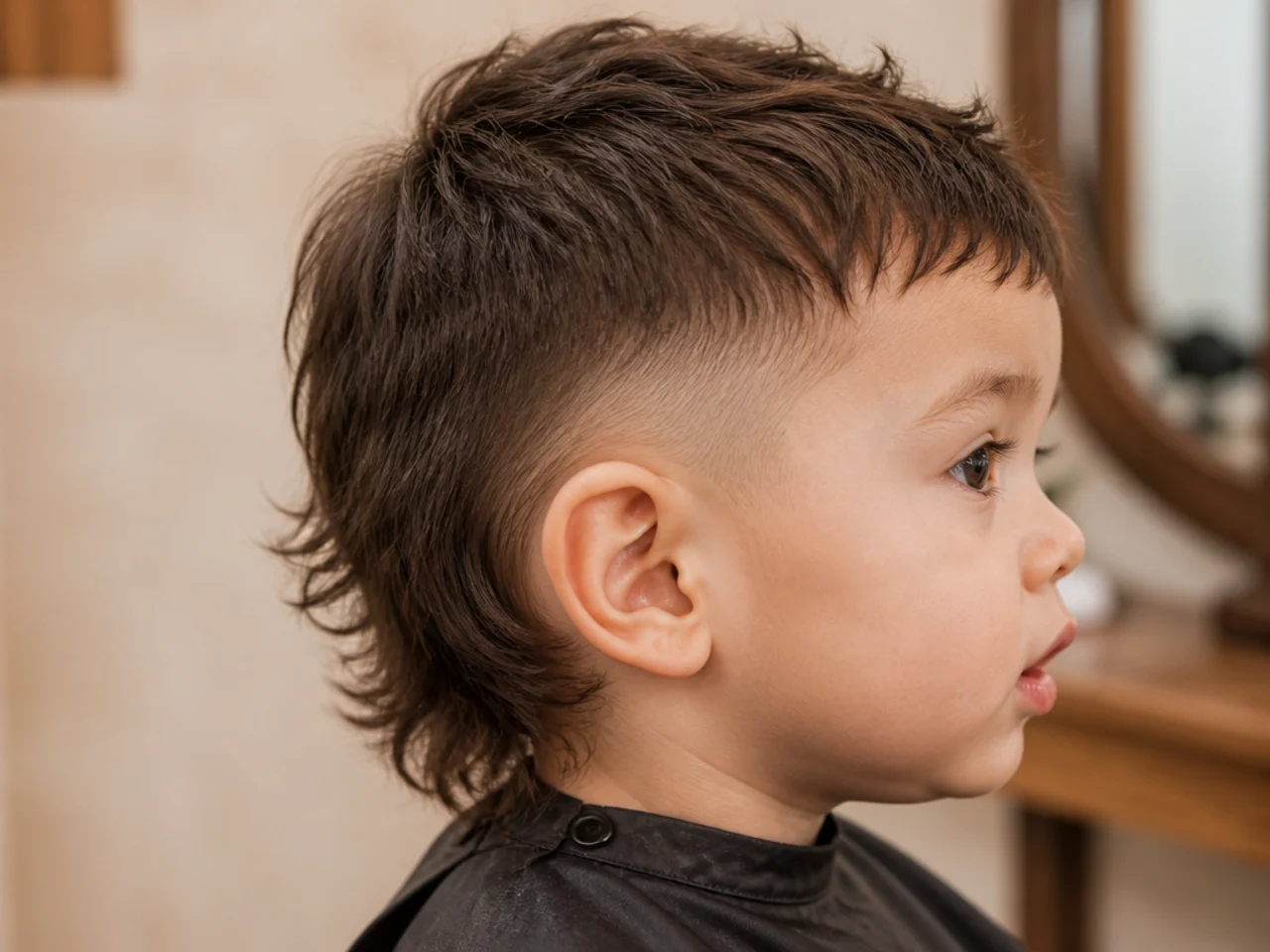 A toddler with a short mullet left long at the nape