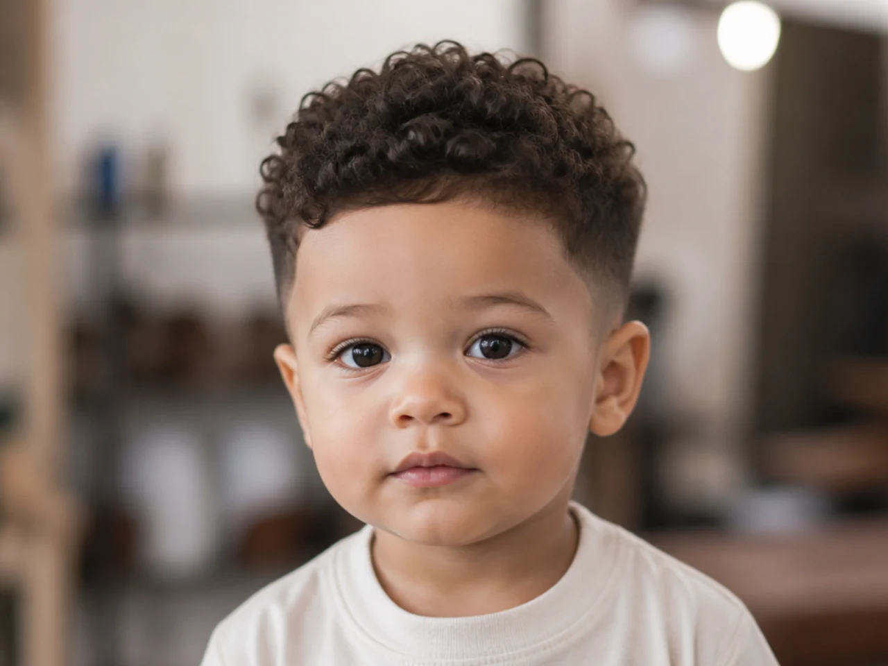 A toddler with curls on top and short sides