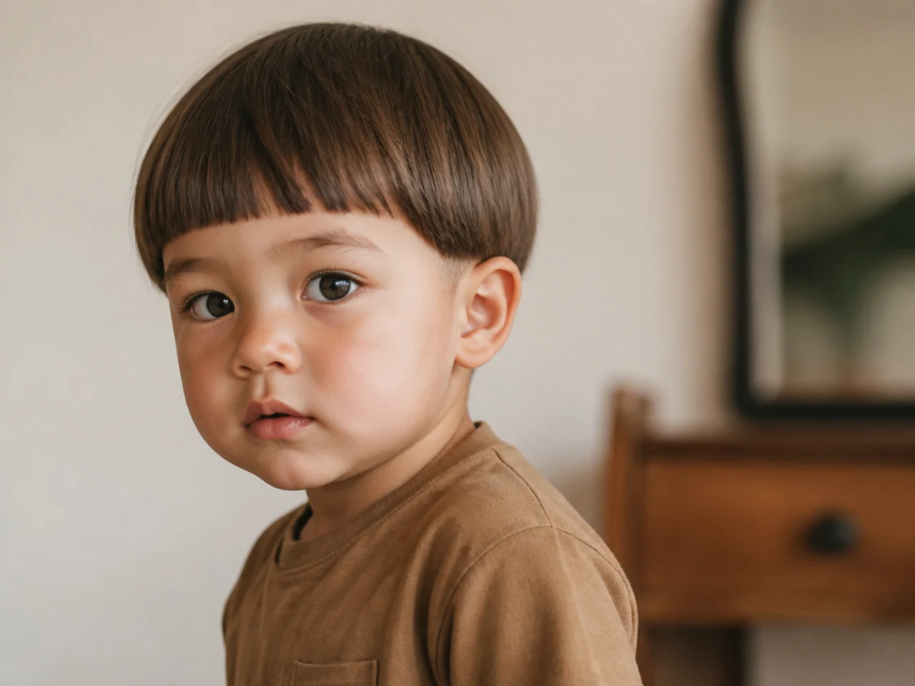 A toddler with a round bowl cut above the eyebrows